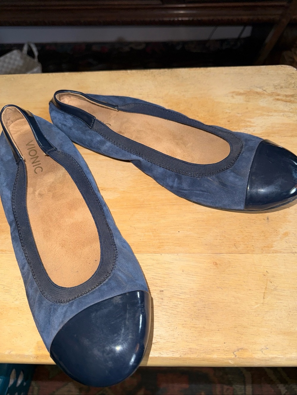 Vionic Navy Suede Ballet Flats with Glossy Cap-Toe